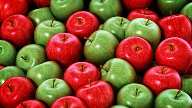 Stack of fresh green and red apples. 3D illustration.
