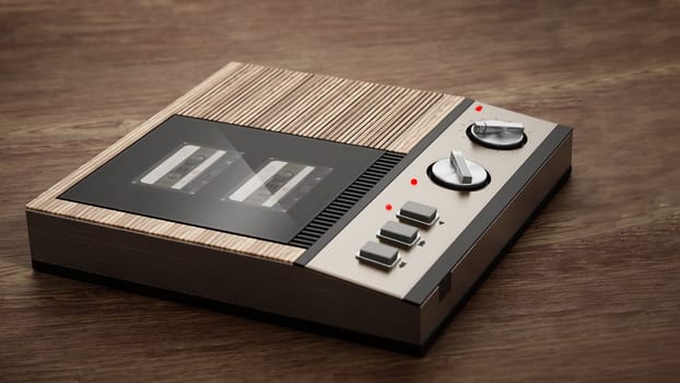 Vintage answering machine standing on wooden table. 3D illustration.