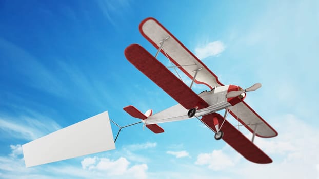 Classic airplane pulling blank white text banner. 3D illustration.