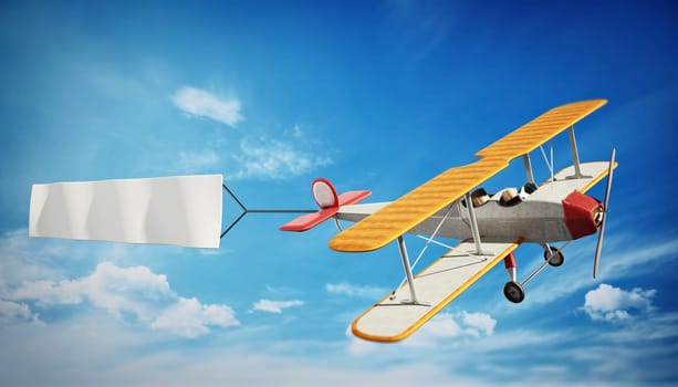 Classic airplane pulling blank white text banner. 3D illustration.