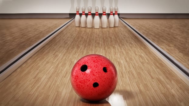 Bowling pins and red bowling ball standing on wooden surface. 3D illustration.