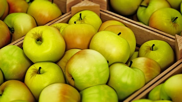 Fresh newly harvested apples inside crates. 3D illustration.