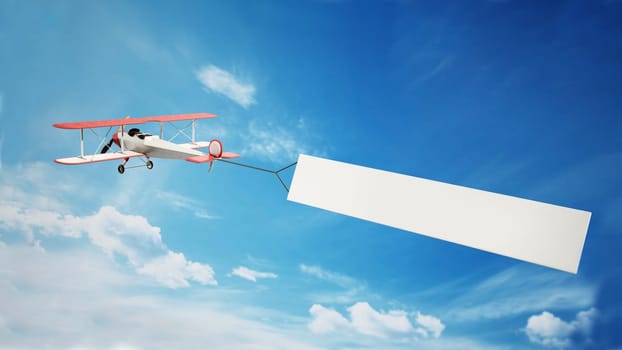 Classic airplane pulling blank white text banner. 3D illustration.