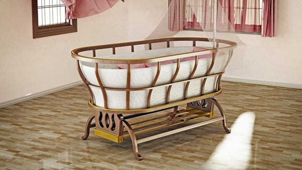 Classic style baby crib standing at the center of the room. 3D illustration.