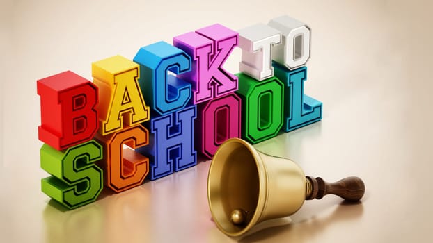 Back to school text and school bell on reflective surface. 3D illustration.