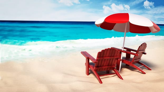 Umbrella and two sunbeds standing on the beach by the seashore. 3D illustration.