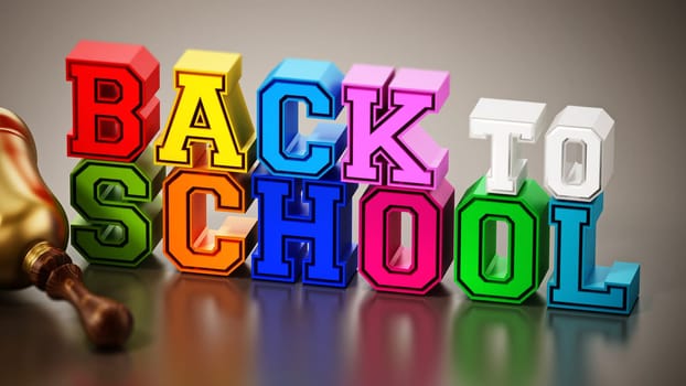 Back to school text and school bell on reflective surface. 3D illustration.