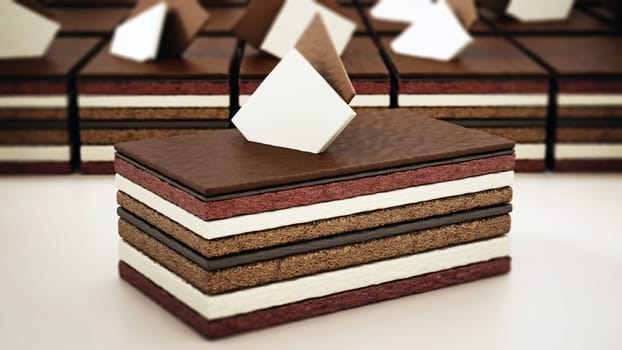 Chocolate cake slices with multiple layers. 3D illustration.
