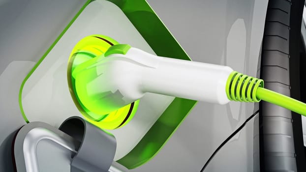 Plug-in hybrid or electric car being recharged. 3D illustration.