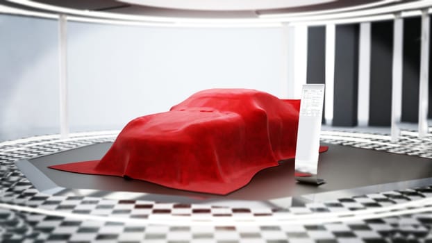 New car model showcase on the podium under the red silk. 3D illustration.