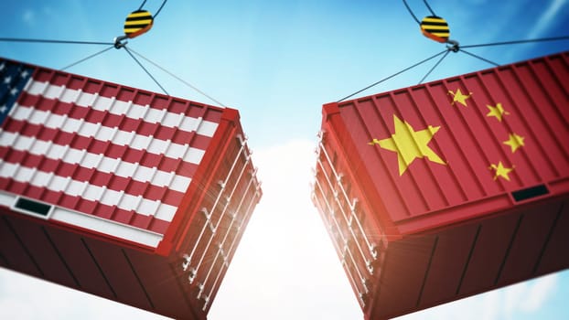 Trade wars concept with American and Chinese flag textured cargo containers clashing. 3D illustration.