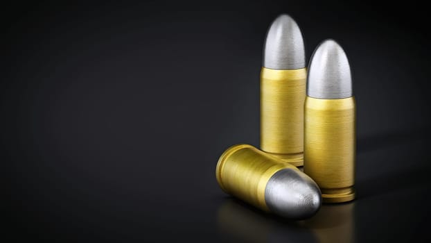 Various pistol bullets isolated on black background. 3D illustration.