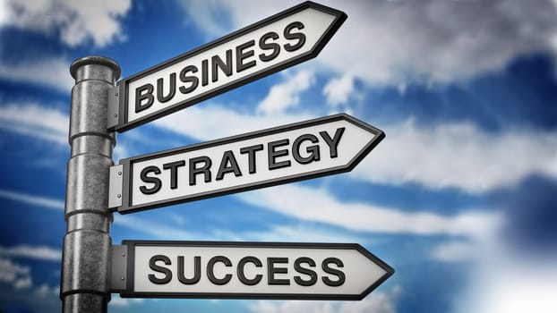 Business, strategy and success signboard against blue sky. 3D illustration.