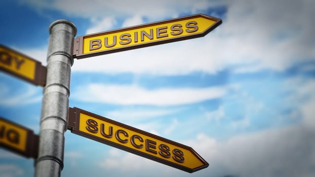 Business, strategy and success signboard against blue sky. 3D illustration.