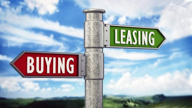 Signpost with buying and leasing arrows against the blue sky. 3D illustration.
