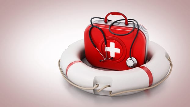 First aid kit standing on life saver. 3D illustration.