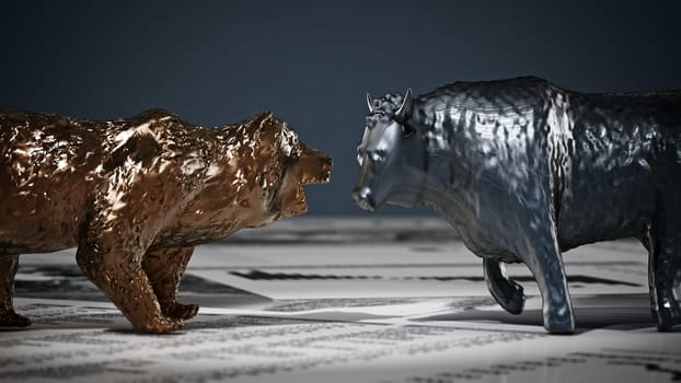 Bear and bull figures on economy newspaper pages. 3D illustration.