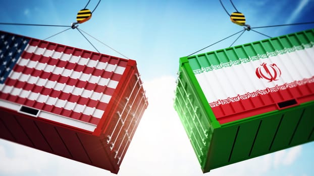 Trade wars concept with American and Chinese flag textured cargo containers clashing. 3D illustration.