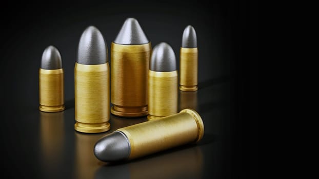 Various pistol bullets isolated on black background. 3D illustration.