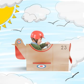 Child flies with his plane of cardboard