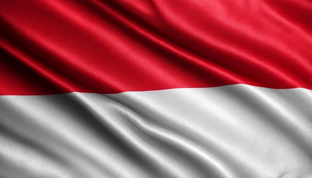 Close up waving flag of Indonesia. the flag of Indonesia_with pleats with visible satin texture