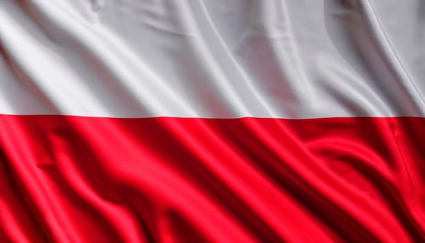 Fabric texture flag of Poland. Flag of Poland waving in the wind. Poland flag is depicted on a sports cloth fabric with many folds. Sport team banner.