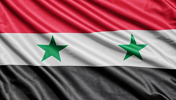 silk national flag of Syria state folded in soft folds on black blank form, concept of tourism, economy, politics, emigration