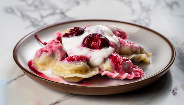 Assorted dumplings with different fillings. Dumplings of various shapes and fillings lie on the table. The table is covered with flour. Nearby lies a rolling pin for rolling out dough, a ceramic bowl