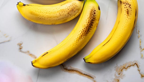Top view photo of unpeeled yellow bananas and drops of water on isolated pastel blue background