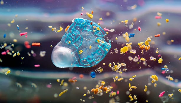 microplastic particles float in the ocean, water pollution.