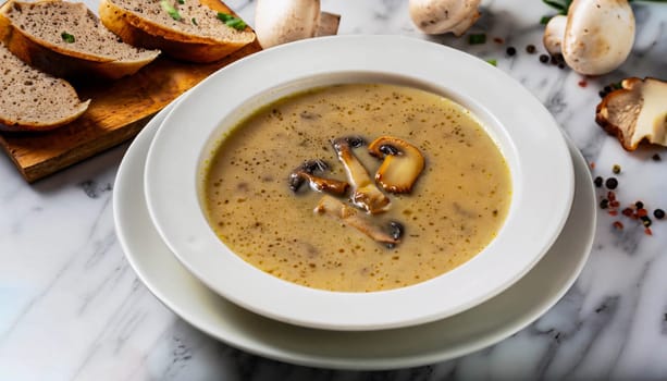 Chicken mushroom soup, Chinese cuisine, isolated on black background.