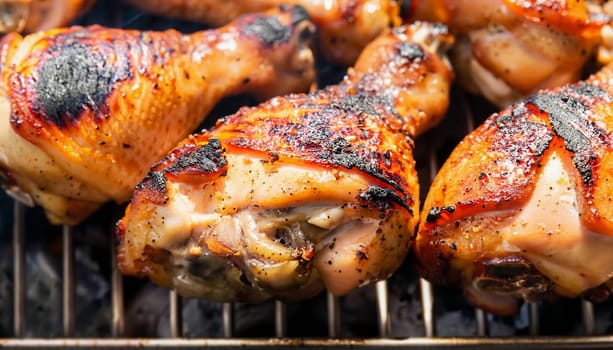 Chicken grilled charcoal on a black iron grill. The chicken is light yellow to dark yellow with white bones.