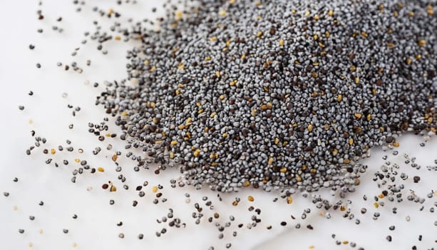 Poppy seeds scattered on white background, top view