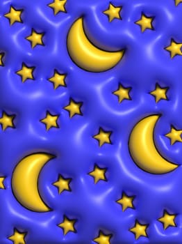 Blue background with moon and stars, puffed up figures, 3D rendering illustration