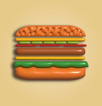 Layered cheeseburger with cutlet, 3D rendering illustration