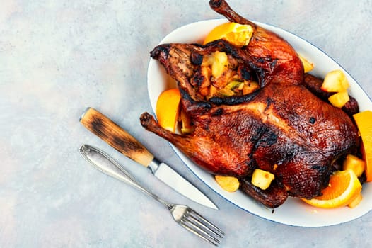 Prepared duck baked with oranges and caramelized apples. Space for text