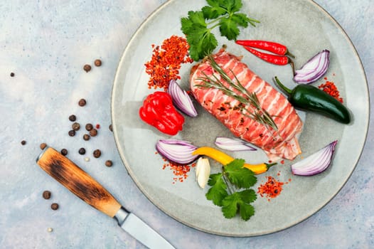 Chicken breast fillet, ingredients and spices for cooking. Top view