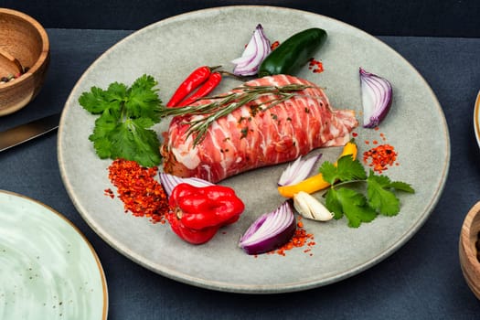 Chicken breast fillet, ingredients and spices for cooking. Top view