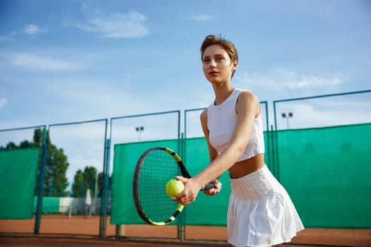 Focused pretty female tennis player preparing to hot ball. Outdoor training or competition match
