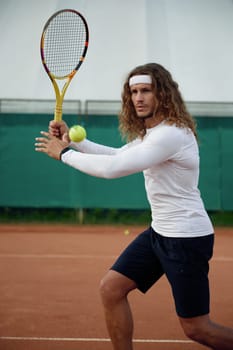 Sportsman showing concentrated facial expression hitting ball with tennis racket playing on open court in summer
