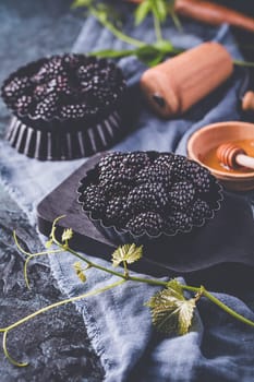 Organic blackberries in baking forms, ripe blackberries with baking ingredients and kitchen untensil