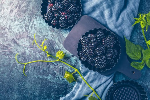 Organic blackberries in baking forms, ripe blackberries