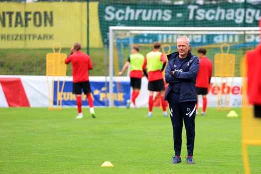 Coach Christian Streich (SC Freiburg) observes the exercises of his protégés at the SC Freiburg Schruns 2023 training camp  DFL REGULATIONS PROHIBIT ANY USE OF PHOTOGRAPHS AS IMAGE SEQUENCES AND/OR QUASI-VIDEONann  Photo: Joachim Hahne/johapress