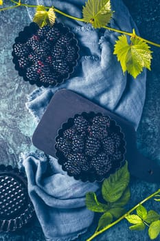 Organic blackberries in baking forms, ripe blackberries