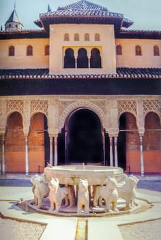 Granada, Spain - March 28th, 2004: Alhambra Lions fountain. Digitized film photography