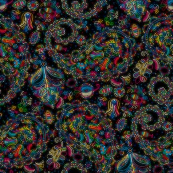 Beautiful paisley repeating pattern with floral motif in colors over black