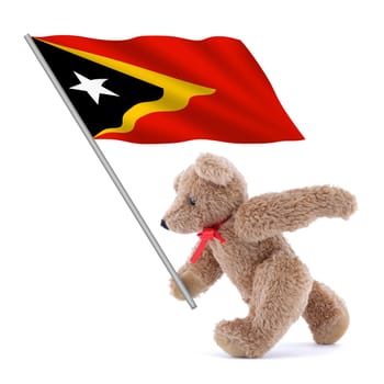 An East Timor flag being carried by a cute teddy bear