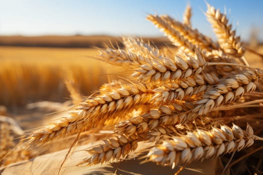 Gold wheat field and blue sky. Generative AI