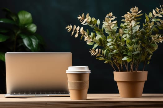 Minimalist office workspace with a laptop and coffee. Generative AI