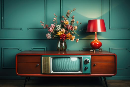 Vintage TV against the wall. Retro style. Generative AI
